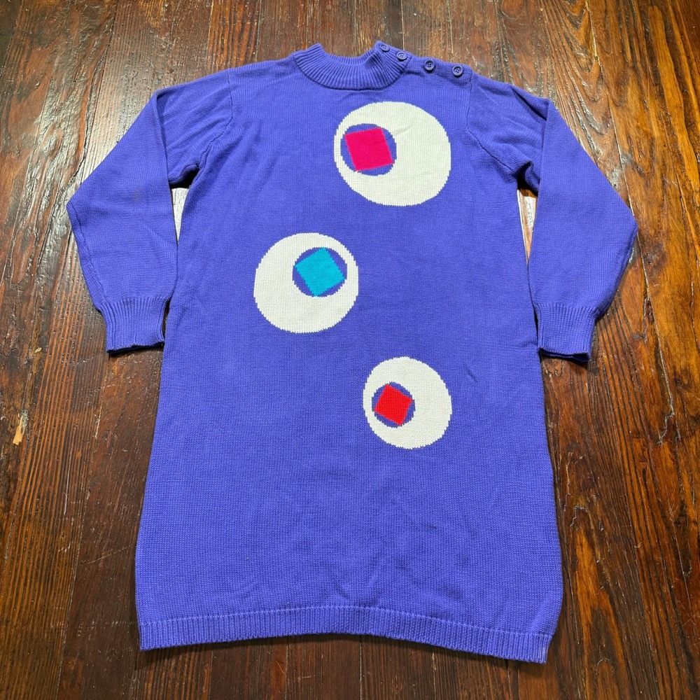 Liz Claiborne Sweater Dress Womens PL Purple Geometric Button Shoulder Cotton